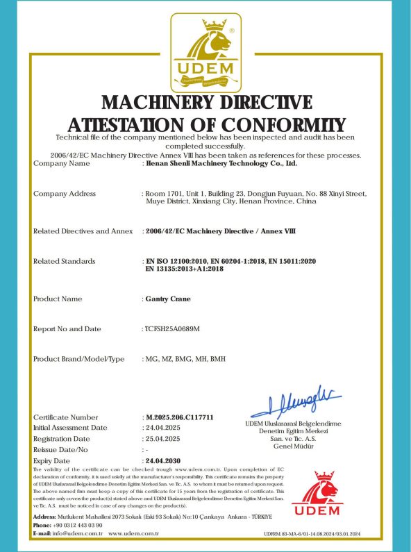 SHENLI Crane certificate