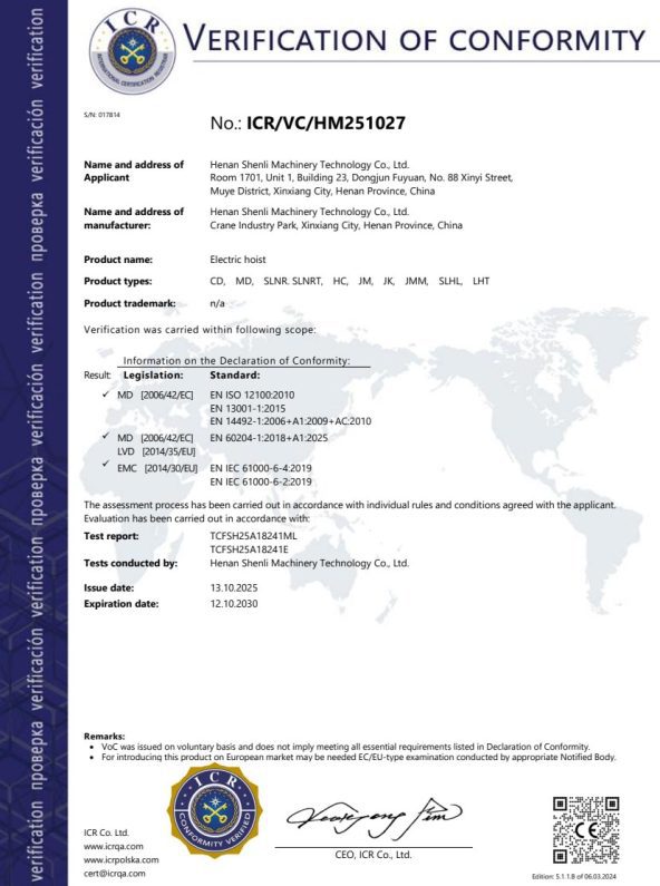 SHENLI Crane certificate
